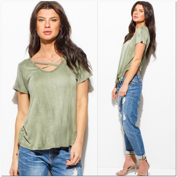 NEW Olive Green Acid Washed Cut-Out Top - Picture 3 of 4